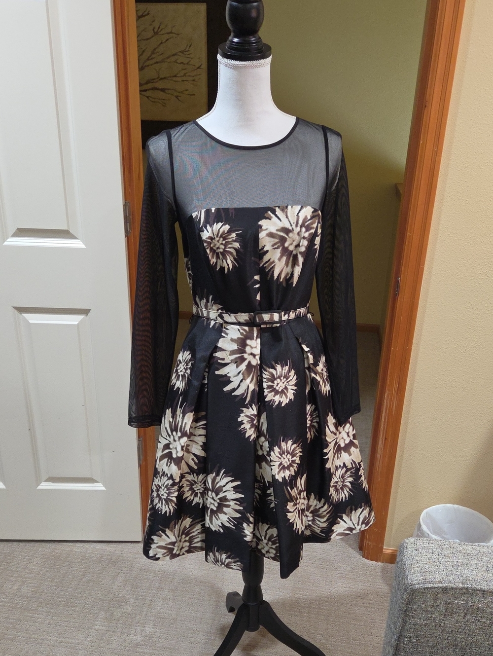 Eliza J Black Floral Mesh-Sleeve Fit & Flare Dress